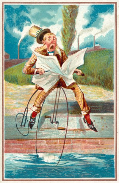 Uomo che cavalca un penny-farthing in un canale da French School